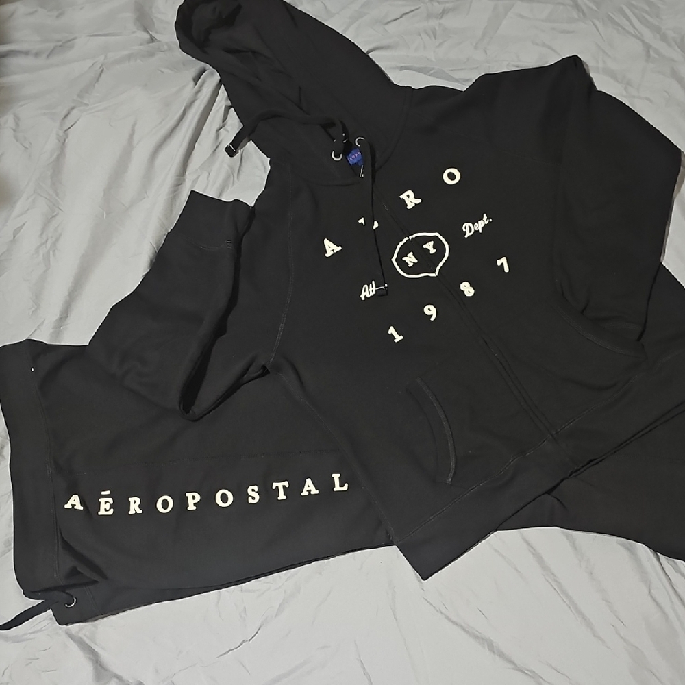 Aeropostale Black Track Pants & Hoodie Set with White Lettering